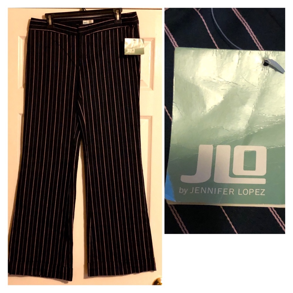Y2K JLo Navy & Pink Wide Leg Pinstriped Pants